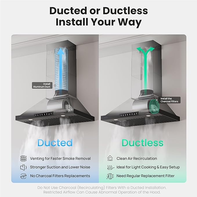 Black 36 inch Pro Wall Mount Range Hood 980CFM, Direct 3 Speed Panel with Gesture & Touch Control, Ducted/Ductless Stainless Steel Kitchen Vent Hood, Delay Shut-Off, Includes Duct & Filter