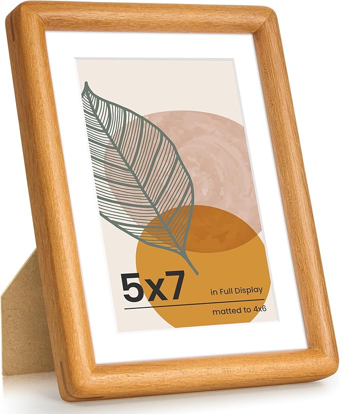 Axeman 5x7 Picture Frame - Solid Teak Wood Frame With Mat for 4x6 - Rounded Corner 5 x 7 Picture Frame with Tempered Glass for Tabletop Display