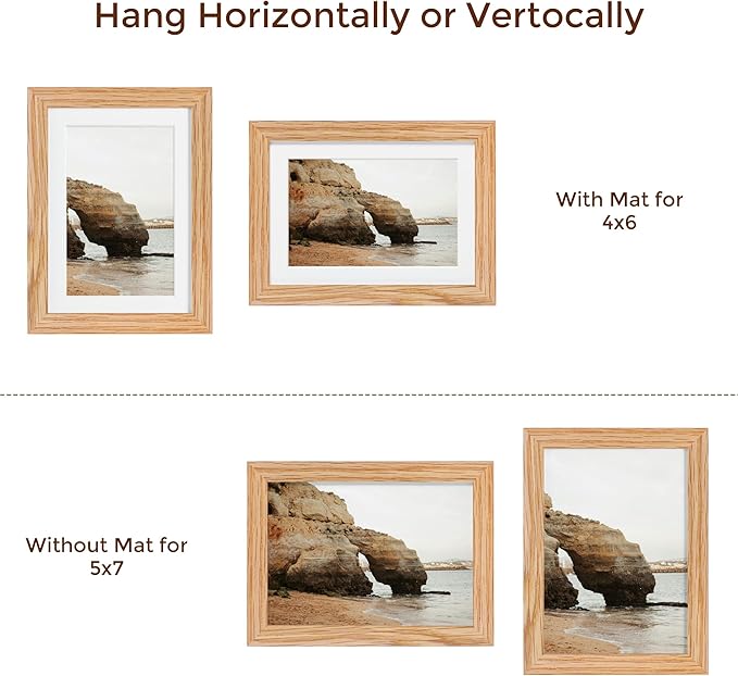 Fun Memories 5x7 Picture Frame, Solid Oak Wood 5 x 7 Frame with Plexiglass, 5 by 7 Photo Frame for Wall & Tabletop Display, 5x7 Picture Frame Matted to 4x6, Natural Oak Color, 3 Pack