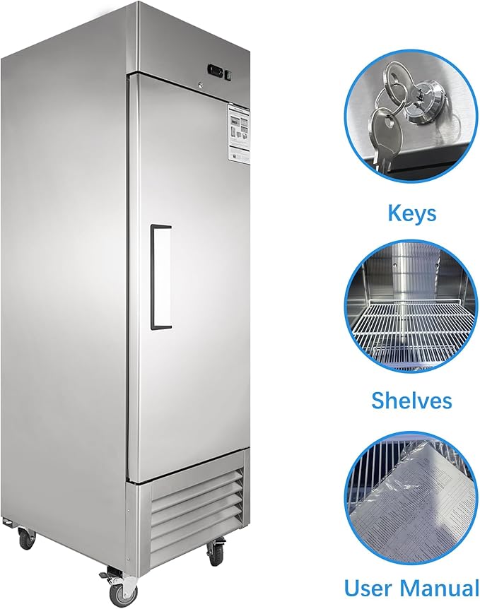 JINSONG 27" Commercial Refrigerator, 23 Cu.Ft Reach-in Stainless Steel Fridge with Single Solid Door for Restaurant, Bar, Shop, or Home Use