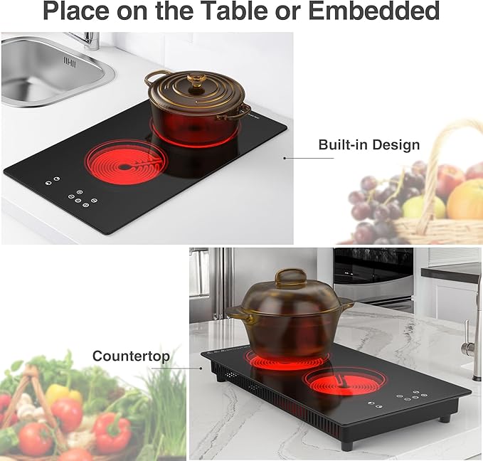 Electric Cooktop,Built-in and Countertop Electric Stove Top, 2100W 110V Electric Burner 9 Heating Level, Timer & Kid Safety Lock, Sensor Touch Control 2 Burner Electric Cooktop.