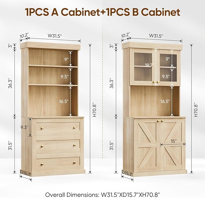 71" Farmhouse Kitchen Pantry, Rustic Brown Coffee Bar Hutch with Microwave Stand, Glass Door Storage Cabinet with Drawers and Adjustable Shelves for Kitchen or Living Room, Set of 3