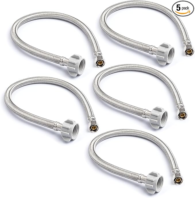Stainless Steel Braided Water Connectors with Reinforced PVC Inner Hose for Toilets, 3/8" Compression x 7/8" Ballcock, 20" Length (5Pack)