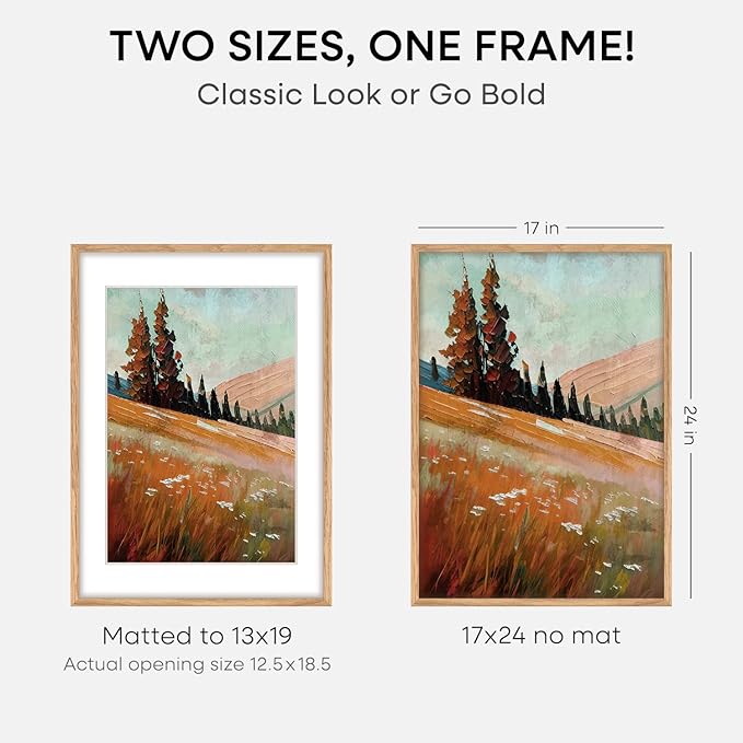 Homeforia 17x24 Picture Frame Natural Wood, High End Oak 17x24 Light Wooden Poster Frame with Mat 13x19, 17 x 24 Frames Matted to 13 x 19 Photo, 24x17 Hanging Frame, Tempered Glass, Wall Kit, Set of 3