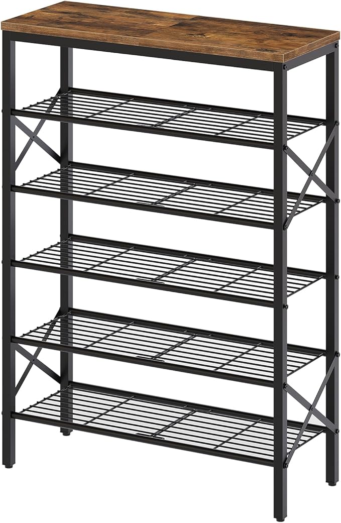 6-Tier Shoe Rack, Shoe Storage Organizer for Closet, Free Standing Shoe Organizer with Metal Mesh Shelves, 24 Pairs of Shoes, Rustic Brown and Black SS06BR