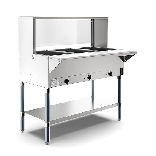 KoolMore 3-Pan Open Well Electric Stainless Steel Steam Table Food Warmer for Buffets with Sneeze Guard, Overshelf, Undershelf, Warming Control Knobs, Front Serving Area [120V] (KM-OWS-3SG), Silver