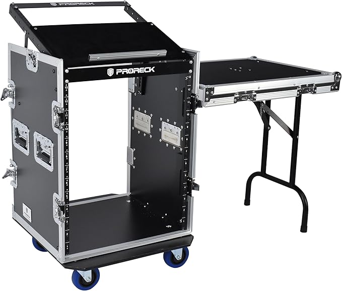 PRORECK 14U Rack/Road Case With Slant Mixer Top, One Side table And Casters, 20'' Rackable Depth, Plywood, 14U Installation Size, Pro Stage Performance.