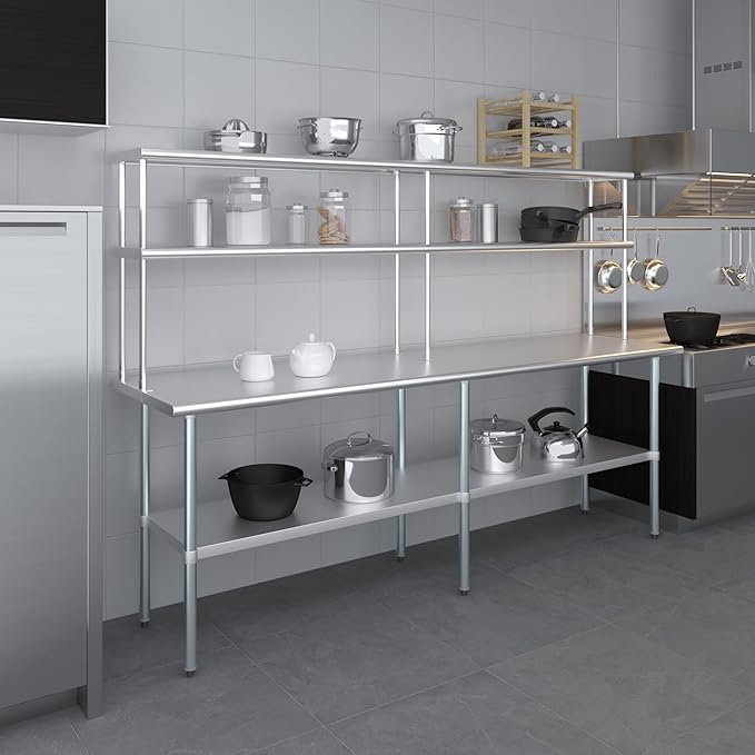 Amgood Stainless Steel Work Table Double Tier Overshelf | Metal Kitchen Prep Table & Shelving Combo (24" x 96" Work Table + 12" Overshelf)