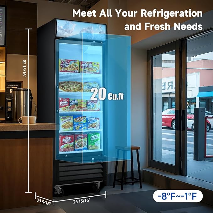 20 Cu.Ft Single Door Commercial Upright Display Freezer Merchandiser —Glass Doors With ETL Certified, -8 to -1℉,Auto Defrost, Heated Door Frame, LED Lighting, for Cafes, Restaurants, Stores.