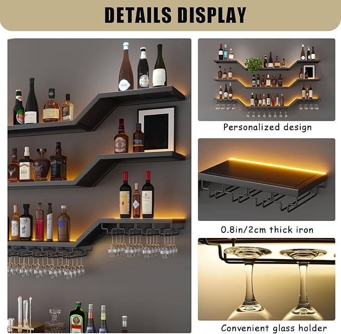 55.1in Modern LED Wine Rack Wall Mounted, 3-Tier Floating Bar Shelves with Wine Glass Rack, Large Hanging Liquor Shelf Wall Mounted, for Home Bar Dining Room Cafe Decorative (Black, 55.1in/140cm)
