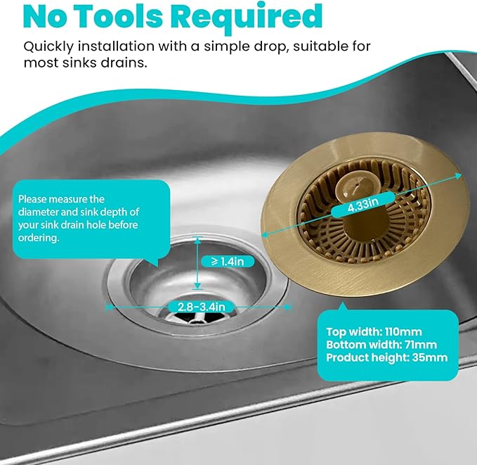 3 in 1 Kitchen Sink Stopper, Pop Up Kitchen Sink Drain Strainer, with an Extra Basket Strainer, Kitchen Sink Drain Stopper for US Standard 3-1/2 Inch, Brass Material Electroplate Gold,Easy to Clean
