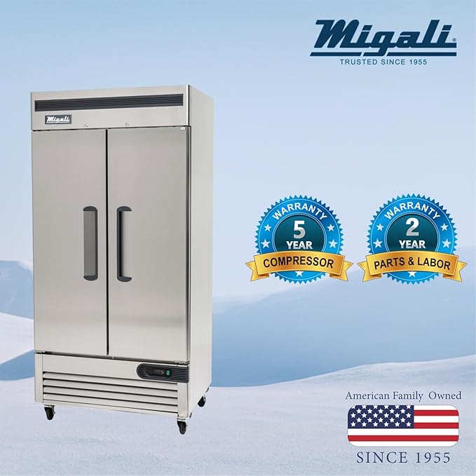 Migali C-2FB-35-HC Two Door Reach-In Freezer, 35 cu/ft Space Saving, Stainless Steel Interior and Exterior, Auto Defrost, Door Locks