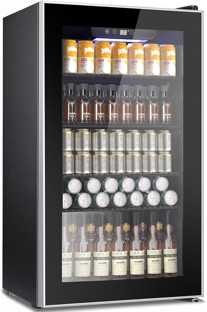 COWSAR Mini Fridge Cooler, 130 Can Beverage Refrigerator with Glass Door, ETL Approved Wine Fridge with Digital Temperature Control, LED Light, Reversible Door for Home, Office, Bar - 3.2 Cu.Ft