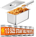 WantJoin Steam Table Hotel Pans with Lid 6 Pack 1/3 Size 6 Inch, 201 Stainless Steel 6" Deep Food Storage Container Set Cover for Chafing Dishes Commercial Buffet Restaurant Kitchen Catering Supplies