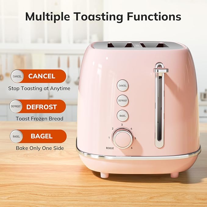 2 Slice Toaster Retro Stainless Steel with Bagel, Cancel, Defrost Function and 6 Bread Shade Settings Bread Toaster, Extra Wide Slot and Removable Crumb Tray (Pink)