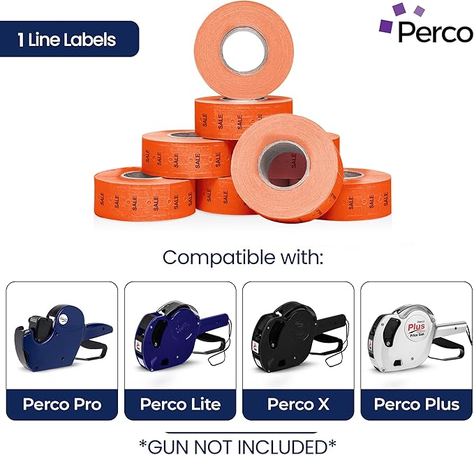 Perco 1 Line Fluorescent Red Sale Labels - 8 Rolls, 1 Sleeve, 8,000 Blank Price and Date Gun Labels for Perco 1 Line Price and Date Guns - Made in USA