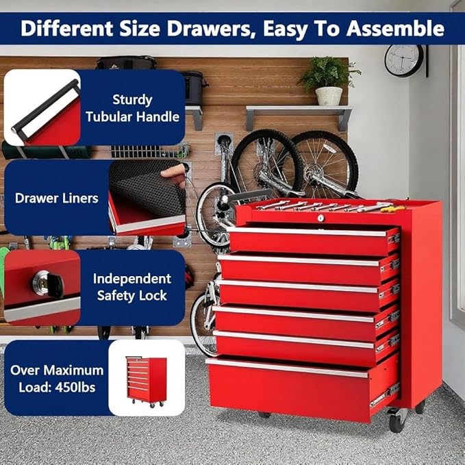 IDEALHOUSE Rolling Tool Chest, 6 Drawers Tool Storage Cabinet, Toolbox with Wheels, Portable Tool Cabinet Organizer with Locking System & Drawer Liners, Tool Storage Cart for Garage, Workshop, Red
