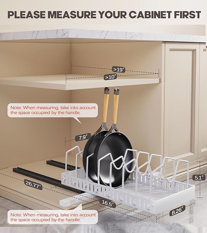 Pull Out Pots and Pans Organizer Under Cabinet, Sliding Lid Holder and Pan Rack in Kitchen, Slide Out inside Cabinet Storage for Pot Lid, Bakeware, Dishes, 8 Adjustable Dividers, 2 Pack White