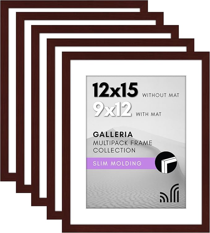 Americanflat 12x15 Picture Frame with Polished Plexiglass - Set of 5 - Use as 9x12 Frame with Mat or Display 12x15 Photo Without Mat - Galleria Collection - Picture Frames for Wall Display - Mahogany