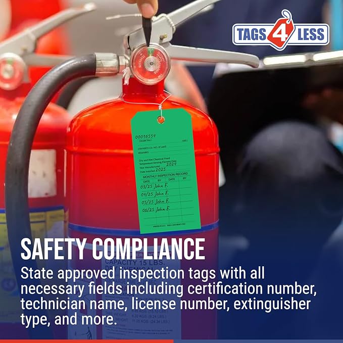Tags 4 Less Custom Fire Extinguisher Tags – Preventative Maintenance Labels for Monthly Inspections, Alternative to Safety Sticker for Easy Record-Keeping – Pack of 100 (Dark Green, Vinyl Plastic)