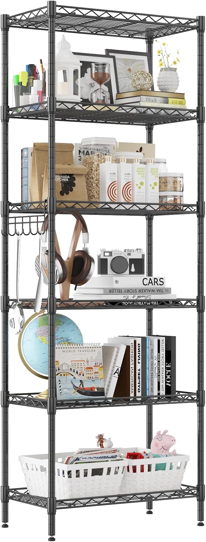 Homdox 6-Tier Storage Shelf Wire Shelving Unit Free Standing Rack Organization Adjustable Leveling Feet, Stainless Side Hooks, Black