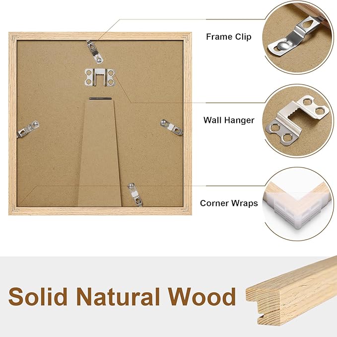 Vittanly 8x8 Picture Frame Set of 2, Solid Wood Frame for Wall or Tabletop, Display Photo 4x4 with Mat or 8x8 without Mat, Natural