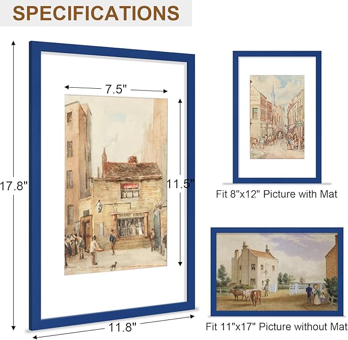 Vittanly 11x17 Picture Frame, Solid Wood Frame with Plexiglass, Includes 8x12 Mat, Wall Hanging for Photos, Home Decor, Royal Blue, 1 Pack