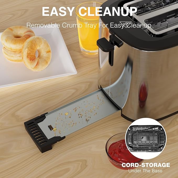 Toaster 4 Slice with Countdown Timer, Extra Wide Slots for Bagels and Waffles, 6 Browning Settings, Removable Crumb Tray, Stainless Steel