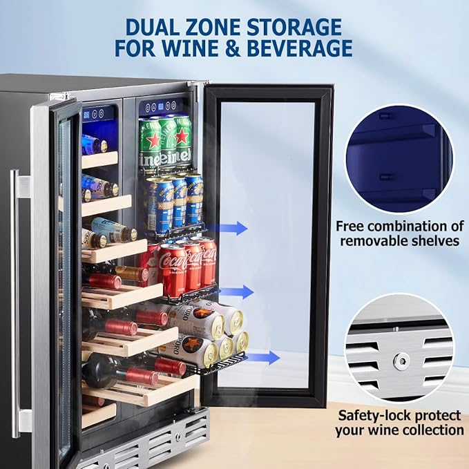 Kalamera 24 inch Wine Fridge Hold 21 Bottles and 75 Cans,Dual Zone Wine and Beverage Refrigerator,Built-In or Freestanding with Blue LED Light,for Home/Bar/Office