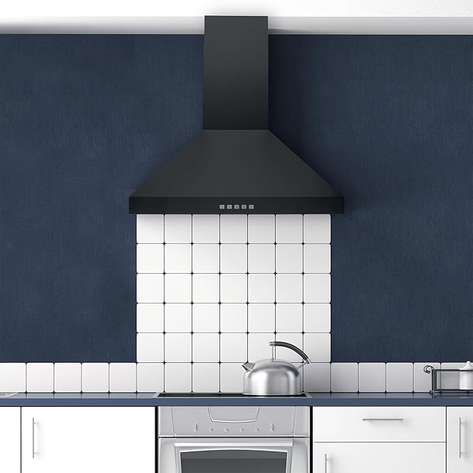 Hauslane Wall Mount Range Hood 30 Inch, Pro Model, Matt Black Stainless Steel Range Hood, Strong Suction, Changeable LED Lamps, 6” Duct or Ductless, Kitchen Hood Vent, Stove Hood Vent
