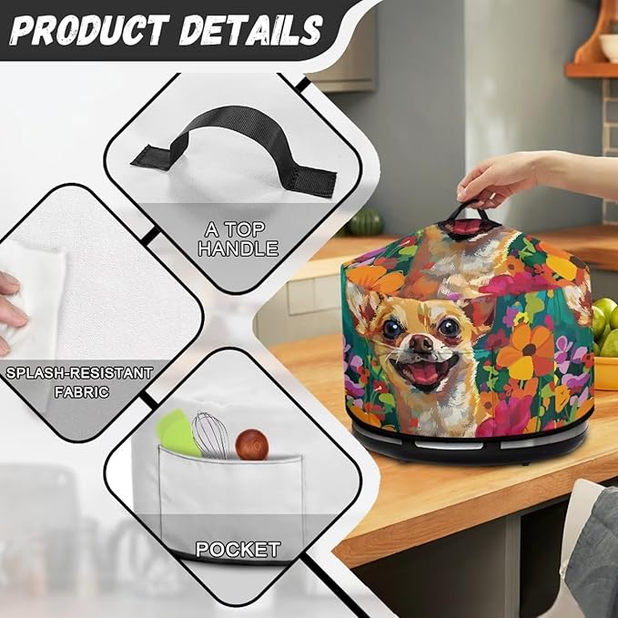 Chihuahua Dog Floral Oil Paint Print Slow Cooker Cover Fits 6/7/8 Quart Large Crock Pot Practical Electric Pressure Cooker Cover Keep Kitchen Clean and Easy to Use, 16 x 14 x 9.6 inch