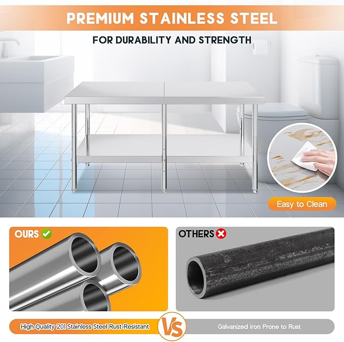 Jocisland 30" x 72" Stainless Steel Table for Prep & Work Adjustable Under Shelf and Feet, for Commercial Kitchen, Restaurant, Hotel and Garage