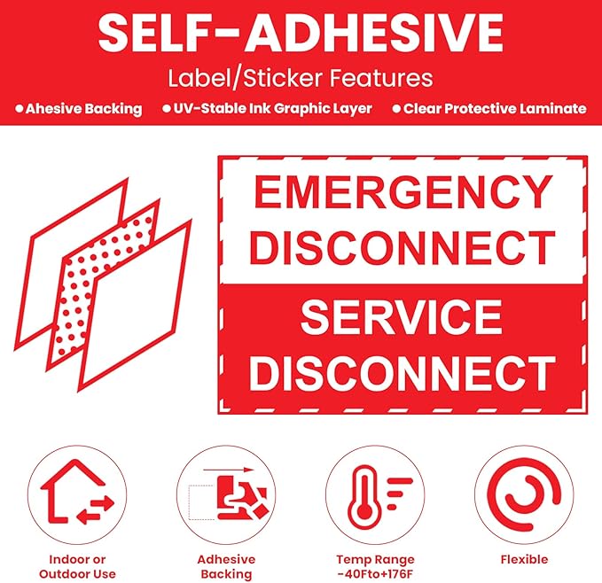 LEIFIDE 20 Pack NEC Compliant Emergency Disconnect Sticker 5"x 3.5" Emergency Disconnect Service Warning Sticker Shut Off Sign Uv-Resistant Electric Panel Labels Vinyl Waterproof for Indoor Outdoor