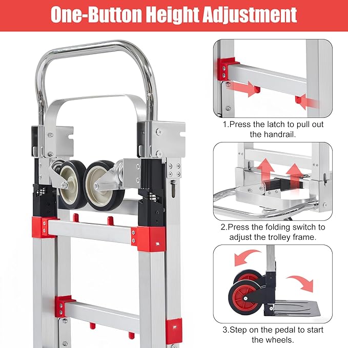 3 in 1 Folding Hand Truck Dolly Cart, Heavy-Duty Foldable and Convertible Design, Lightweight Portable Utility Cart with Rubber Wheels and Telescoping Handle for Moving, 500 lbs Capacity (Red)