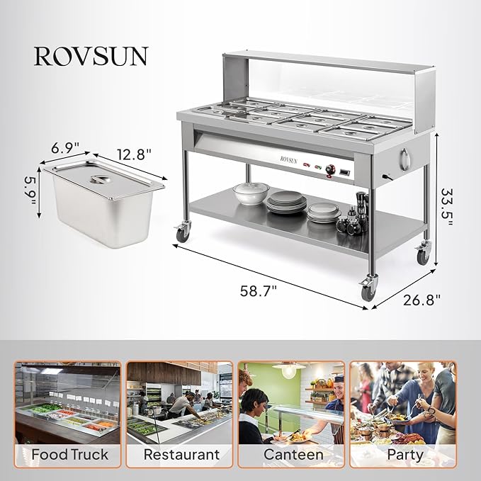 ROVSUN 96QT Steam Table, 12-Pan Electric Commercial Food Warmer Stainless Steel Bain Marie w/Acrylic Shield Overshelf Undershelf Temperature Control & Lid for Party Restaurant 8QT/Pan 1500W 110V