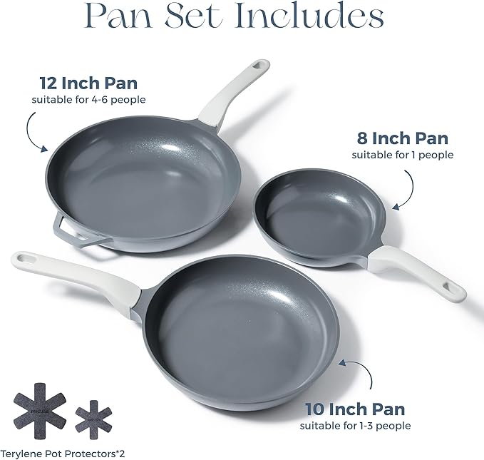 PRICUSIS 5Pcs Nonstick Ceramic Frying Pan Set, 8+10+12 Inch Induction Compatible with Stay Cool Handle, Fully Coated, 100% Dishwasher Safe, Healthy PTFE PFAS & PFOA Free Omelet Pans (Blueberry Gray