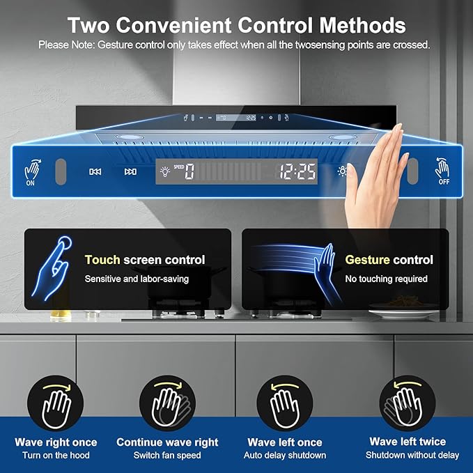 Wall Mount Range Hood 30 inch 600 CFM T Shape with Gesture & Touch Control, Kitchen Vent Hood Ducted/Ductless Convertible, Exhaust Fan 3-speed Stove Hood, Baffle Grease Filter, Stainless Steel