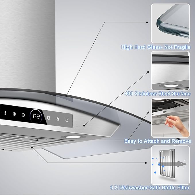 36 inch Wall Mount Range Hood, 1200 CFM with 4-Speed Gesture Sensing & Touch Control, Stainless Steel Ducted Kitchen Stove Vent Hoods with 2 LED Lights, Time Setting, Dishwasher-Safe Baffle Filters