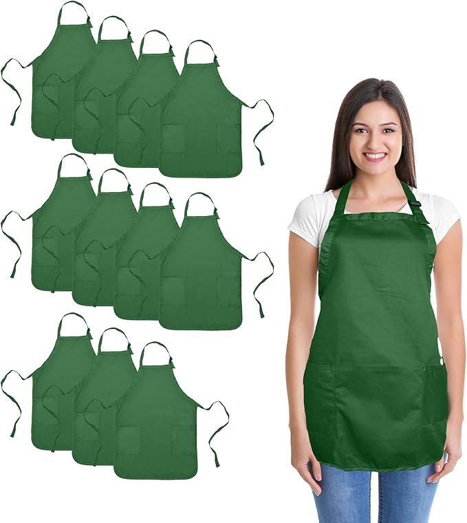 Apron Commercial Restaurant Home Bib Spun Poly Cotton Kitchen Aprons (2 Pockets) in Dark Green 12 Pack