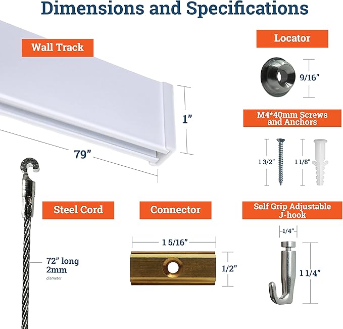 PHS Professional Picture Rail Hanging System | 79-Inch Gallery Rail with TR100 Track, Steel Cords & Hooks | Art Hanging System for Home & Office - 1 Pack