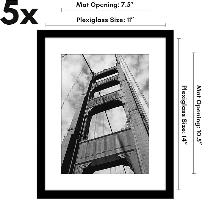 Americanflat 11x14 Picture Frame with Polished Plexiglass - Set of 5 - Use as 8x11 Frame with Mat or Display 11x14 Photo Without Mat - Galleria Collection - Picture Frames for Wall Display - Black