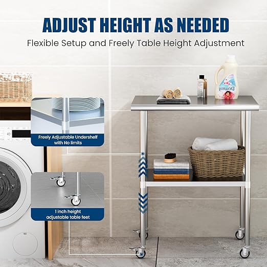 Stainless Steel Table with Wheels 18 x 30 Inches Metal Prep Table with Adjustable Undershelf & Casters for Commercial Kitchen, Outdoor, Restaurant, Hotel & Garage