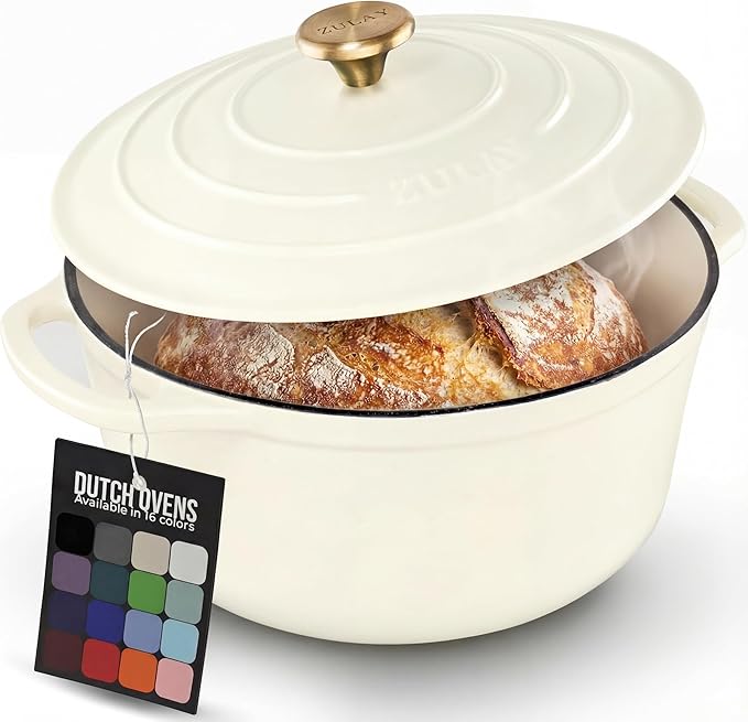 Zulay Kitchen 7.7 Quart Enameled Cast Iron Dutch Oven Pot with Lid – Premium Durability & Oven Safe up to 500°F – Heavy Duty Cookware Perfect for Bread Baking, Stews, Braising & Roasting – Ivory