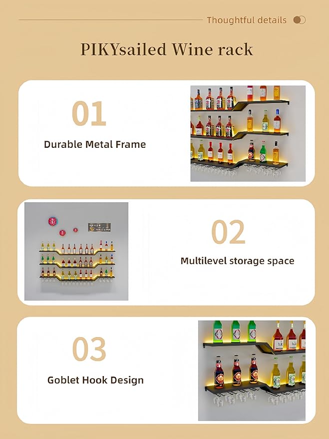 55.1" Wall Mounted LED Wine Rack, 3-Tier Floating Bar Shelves, Large Liquor Shelf with Wine Glass Rack, Large Bar Rack Wall Mounted for Liquor Bottles, Home Bar, Dining Room or Cafe, Gold