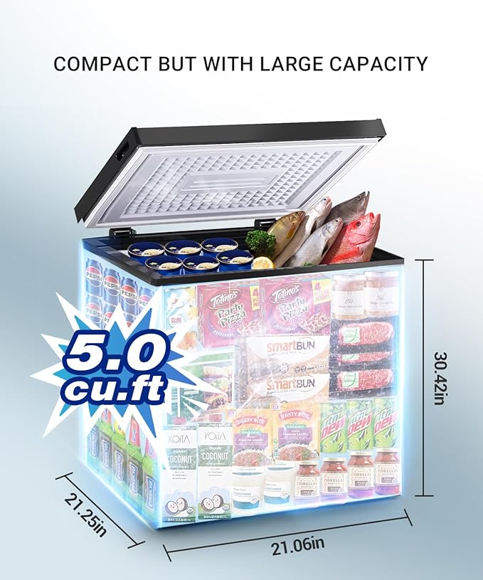 Compact Chest Freezer, 5.0 Cu Ft Deep Freezer with Removable Storage Basket, Mini Freezer with 7 Temperature Levels Thermostat, Black Top Open Door Freezer Ideal for Home, Kitchen & Office