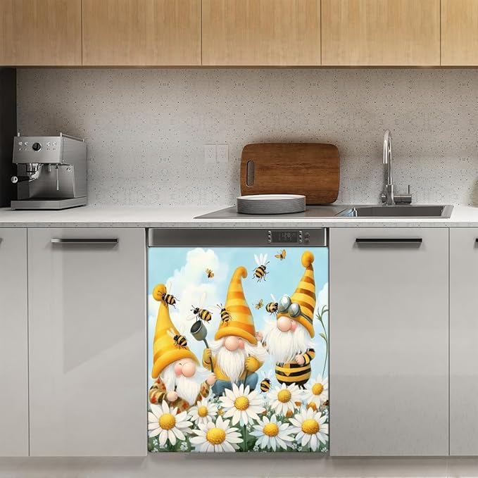 Bee Cartoon Gnomes Dishwasher Magnet Cover for Door Front, Dishwasher Panel Decal Daisy Reuseable Refrigerator Magnet Cover Decal Fridge Stickers Home Decor, 23 x 26 Inch