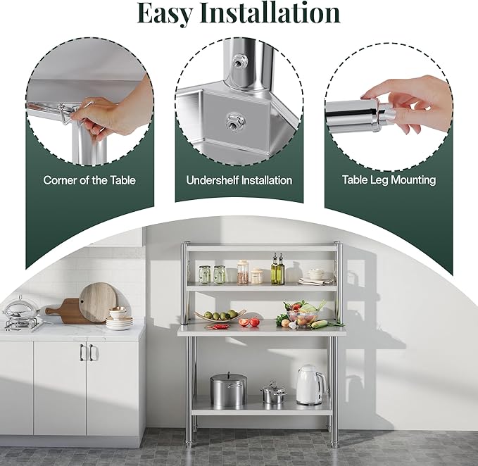48"x24" NSF Stainless Steel Work Table with Overshelves, Adjustable Shelf & Hooks, NSF-Certified Heavy-Duty Prep Station for Commercial Kitchen, Restaurant, or Garage