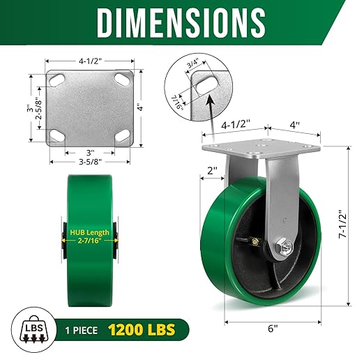 6" Caster Wheels, Heavy Duty Caster with Strong Load-Bearing, Polyurethane Wheel on Steel Hub, Plate Caster for Carts, Pallet Trucks, Industrial Equipment(1 Pack Rigid)