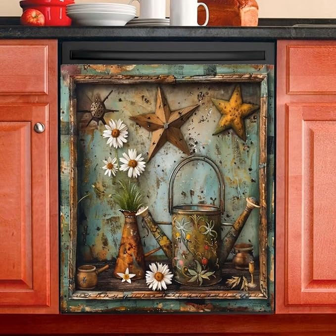 Rustic Farm Daisy Vase Flower Dishwasher Magnet Cover,23" x 26" Dishwasher Cover,Retro Barn Star Primitive Magnetic Decal Vinyl Sticker Kitchen Decor Refrigerator Magnets Self Adhesive Wrap
