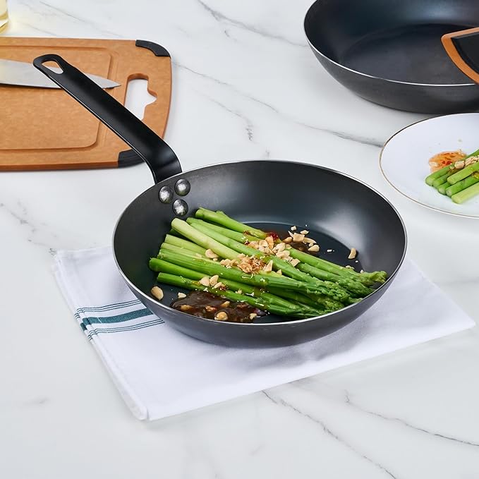 Met Lux 9.5 Inch Fry Pan, 1 Lightweight Frying Pan - Induction-Ready, Triple-Riveted, Black Carbon Steel Cooking Skillet, Durable, For Searing, Sauteing, And Browning Food - Restaurantware